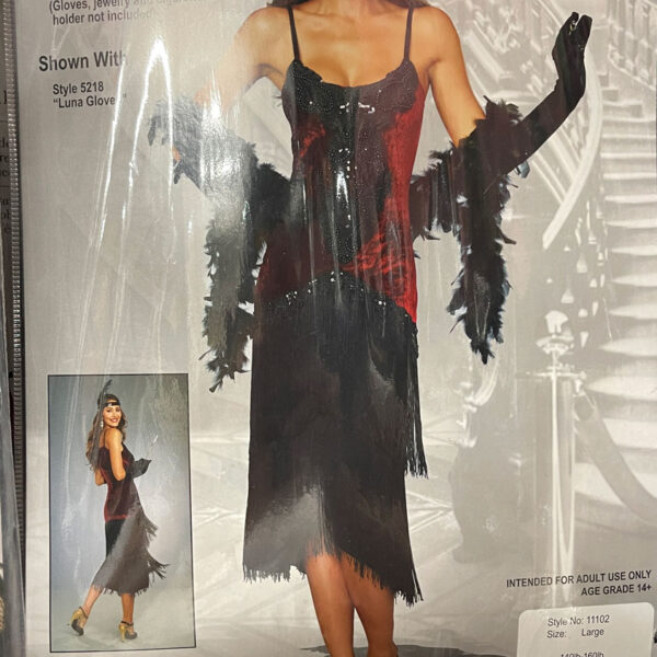 Adult lady dress in a twenties costume on the cover of a plastic package.
