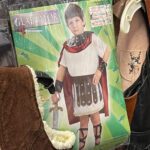 Little boy in a Gladiator costume on the cover of a plastic package.